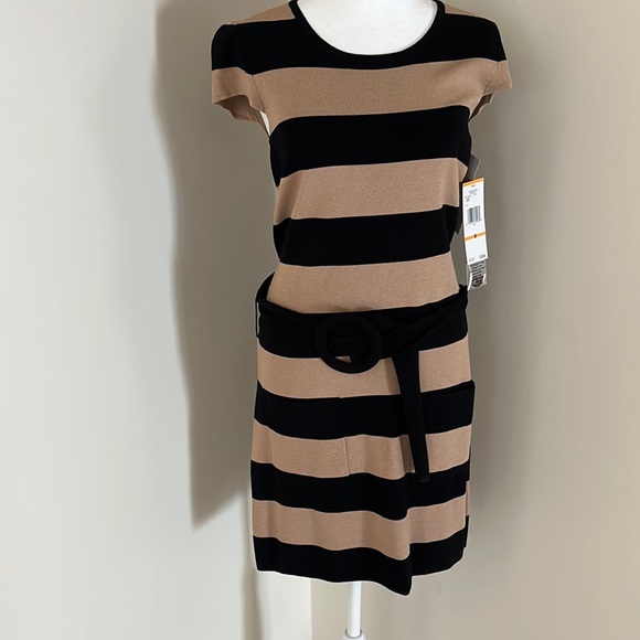 NWT women’s Nine West black & tan striped short sleeves knit dress w/ po… - Picture 1 of 9